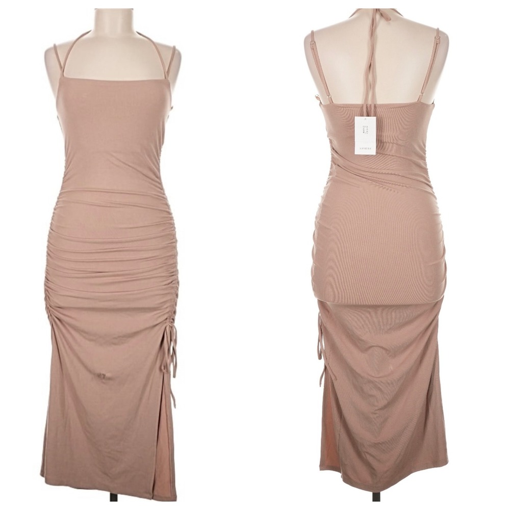 Sophie Rue Tan Ruched Stretch Spaghetti Strap Bodycon Dress Side Slit Large